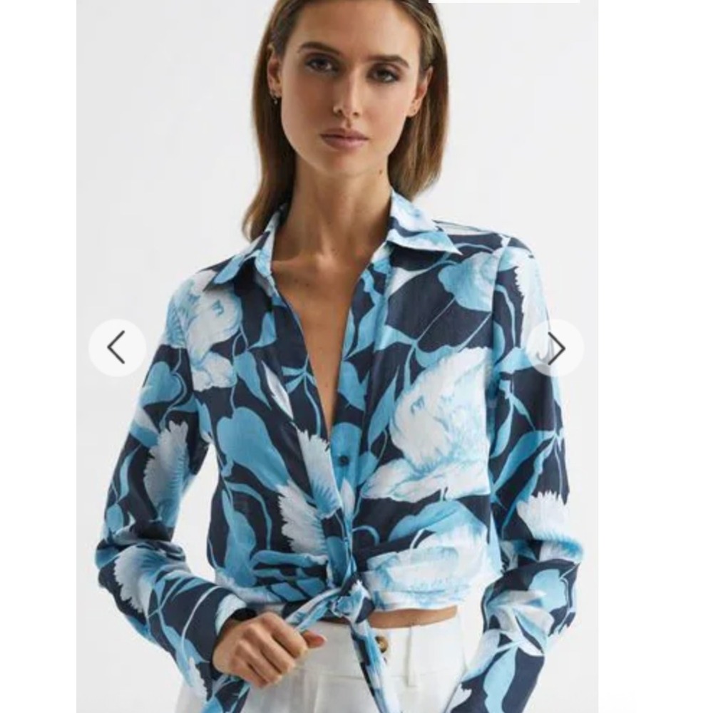 REISS Blue Dalhia Floral 100% Linen Tie Front Crop Top Long Sleeve Size US‎ 2